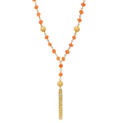 Peach Moonstone Lariat Gemstone Fashion Necklace in 14k Yellow Gold
