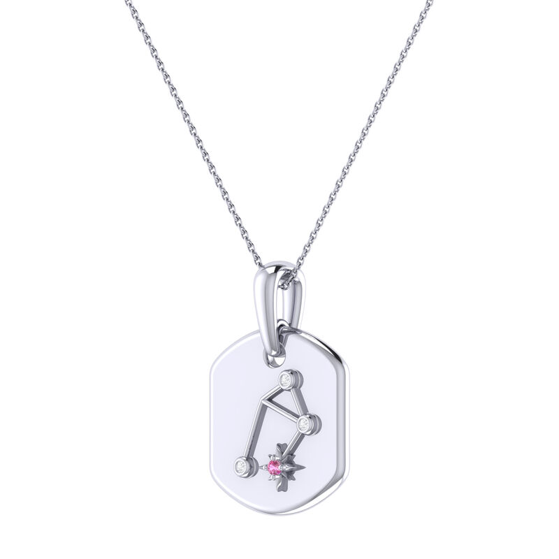 Diamond and Pink Tourmaline Libra Constellation Zodiac Tag Necklace in Sterling Silver image number null