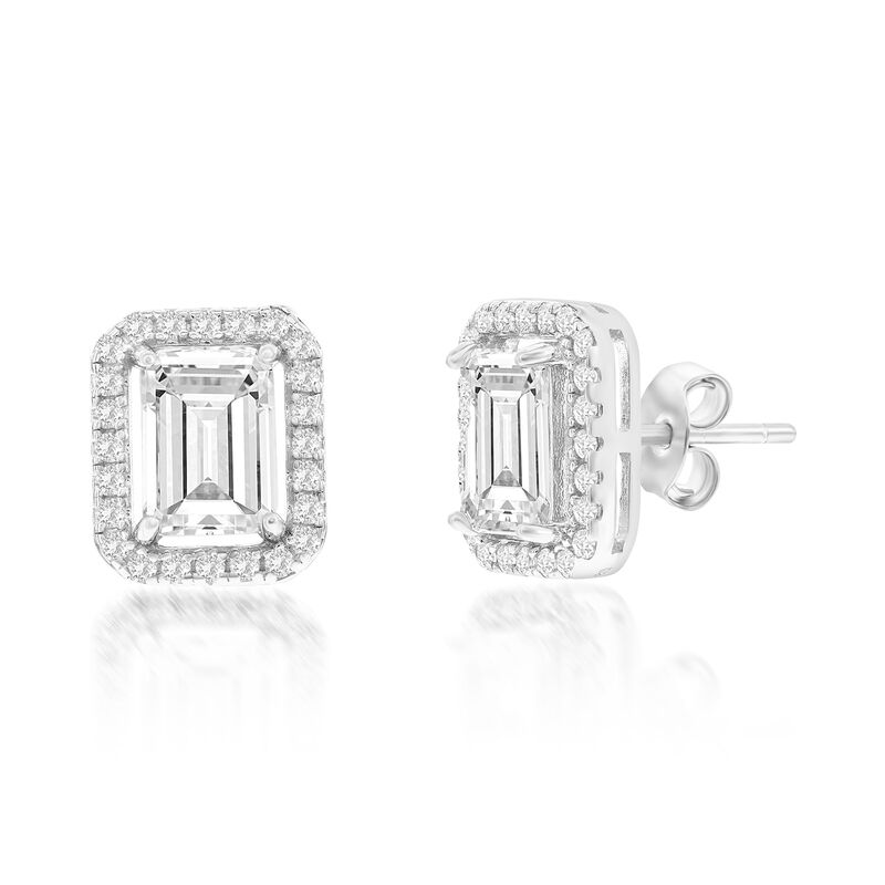 Emerald Cut Cubic Zirconia Halo Stud Earrings in Sterling Silver image number null
