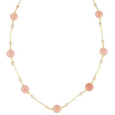 Pink Pearl Guava Quartz Station Necklace in 14k Yellow Gold