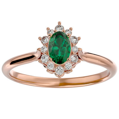 Oval-Cut Emerald & Diamond Halo Ring in 14k Rose Gold