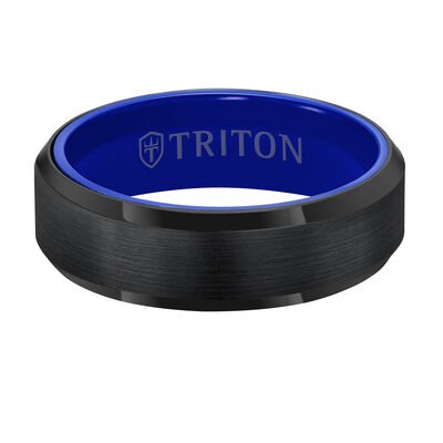 Triton Men's Raw Black 7mm Beveled Edge w/ Blue Ceramic Inside Wedding Band