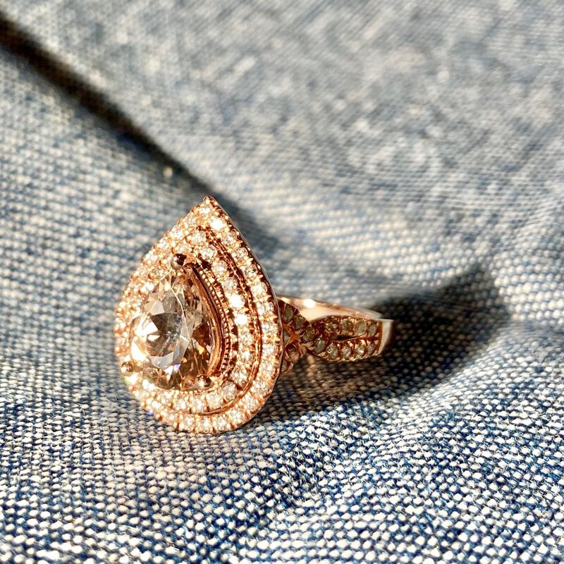 Pear-Shaped Morganite & Double Diamond Halo Ring in 10k Rose Gold image number null