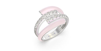 Brilliant-Cut Lab Grown Diamond Pink Ceramic Double Bypass Ring in Sterling Silver