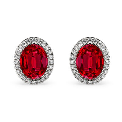 Oval-Cut Created Ruby & Lab Grown Diamond Halo Stud Earrings in 14k White Gold