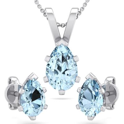 Pear Aquamarine Necklace & Earring Jewelry Set in Sterling Silver