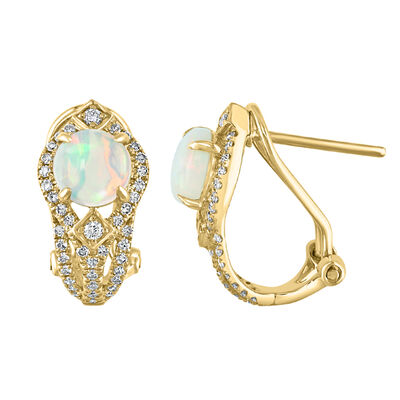 Opal & Diamond Drop Earrings in 14k Yellow Gold