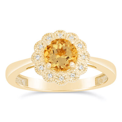 Citrine & Diamond Flower Ring in 10k Yellow Gold