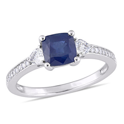 Three-Stone Cushion-Cut & Heart Sapphire Engagement Ring in 14k White Gold
