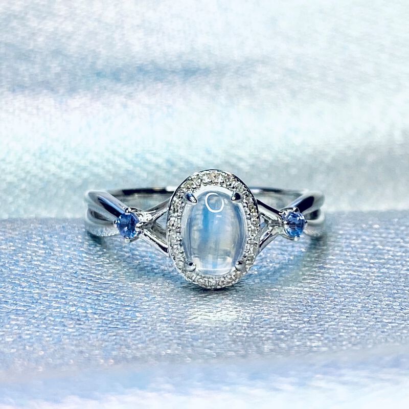 Oval Moonstone, Tanzanite & Diamond Halo Ring in Sterling Silver image number null