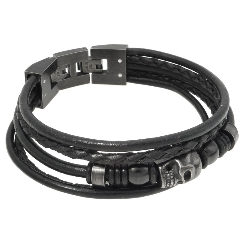 Men's Stainless Steel Skull Black Leather Rope Bracelet image number null