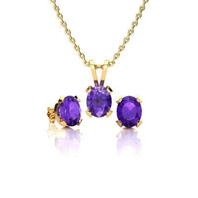 Oval-Cut Amethyst Necklace & Earring Jewelry Set in 14k Yellow Gold Plated Sterling Silver
