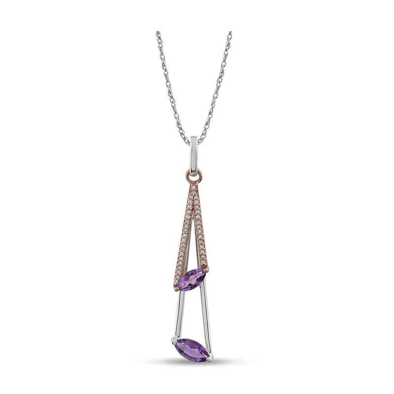 Double Marquise Amethyst & Diamond Drop Pendant in 10k Rose & White Gold image number null