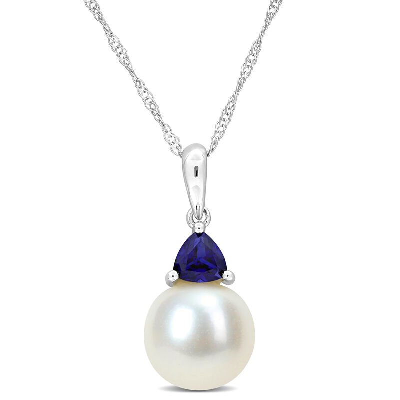 Created Blue Sapphire & Freshwater Cultured Pearl Necklace in 10k White Gold image number null