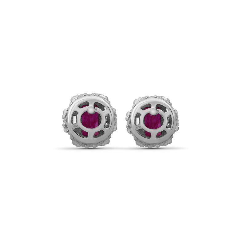 Emerald-Cut Ruby & Diamond Halo Stud Earrings in 10k White Gold image number null