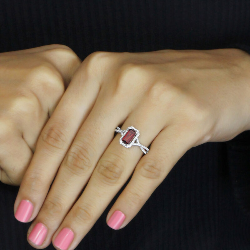 Emerald-Cut Elongated Garnet & Diamond Ring in 10k White Gold image number null