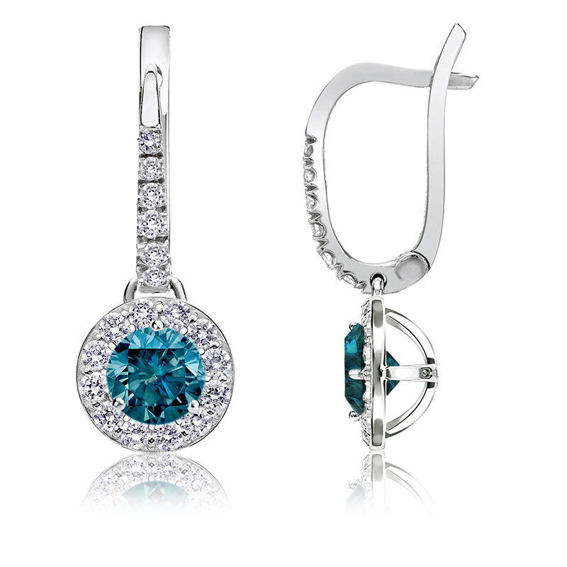 Drop ¾ct. Blue Diamond Halo Earrings in 14k White Gold image number null