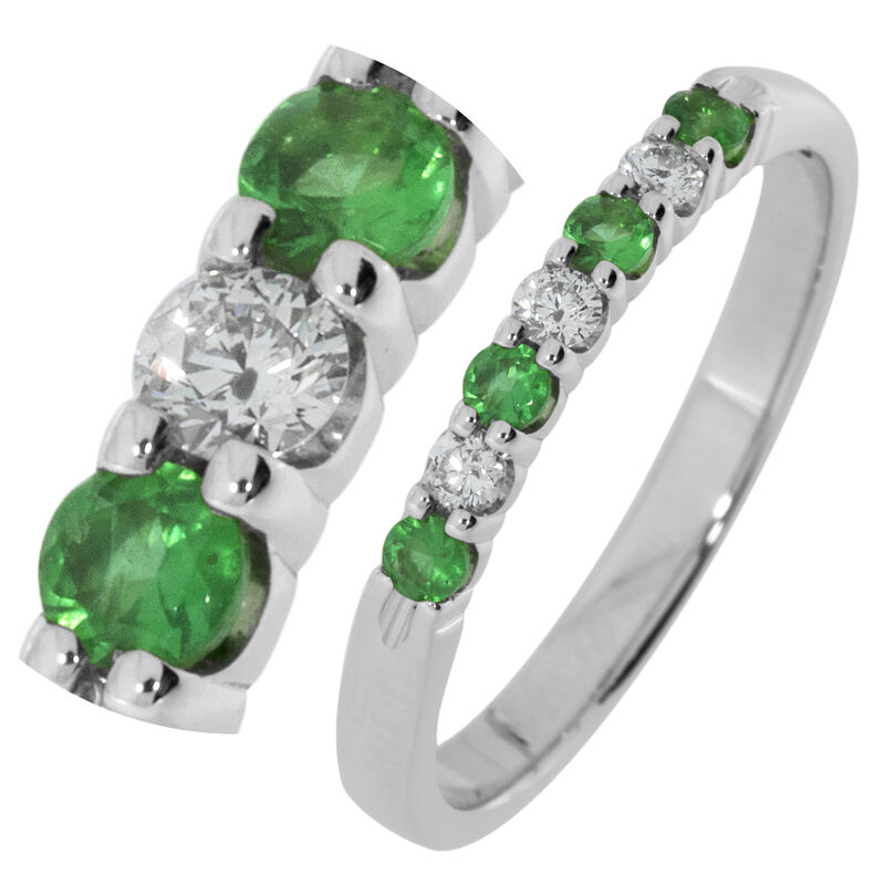 Diamond & Emerald Prong Set .15ctw. Band in 14k White Gold image number null