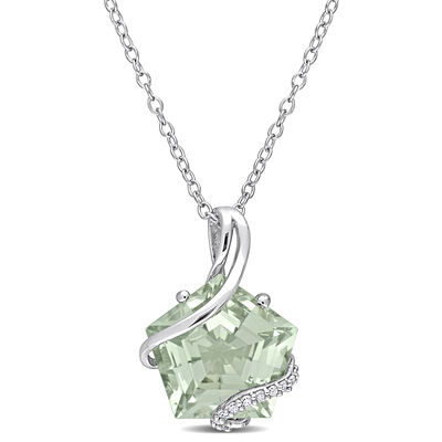 Green Quartz & Diamond Wrapped Pendant in Sterling Silver