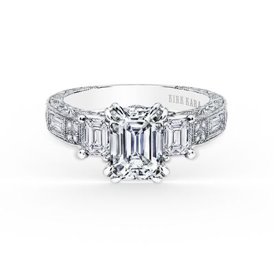 Emerald-Cut Three Stone Diamond Hand Engraved Engagement Semi-Mount in 18k White Gold K1384DE-R