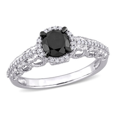 Black Diamond Heart Ring in 10k White Gold