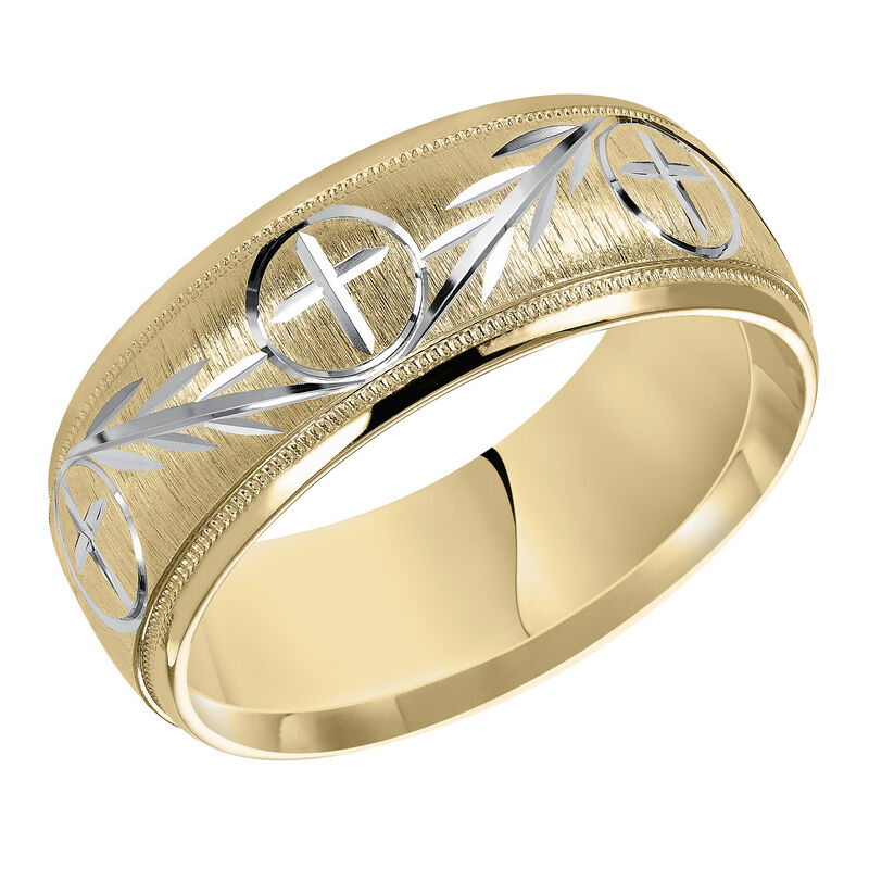 Men's Swiss Cut & Cross Detail Wedding Band in 14k Yellow Gold image number null