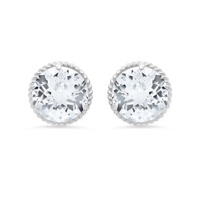 White Topaz Roped Halo Stud Earrings in 14k White Gold