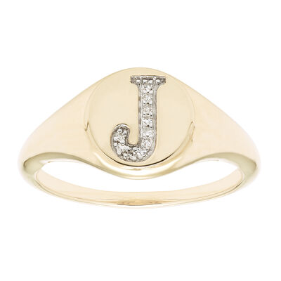Diamond Initial J Signet Ring in 14k Yellow Gold