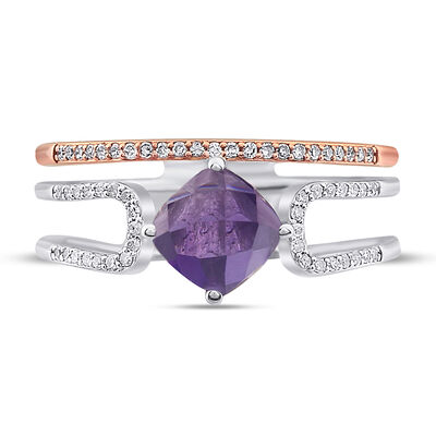 Cushion-Cut Amethyst Diamond Double Band in 10k Rose Gold and Sterling Silver