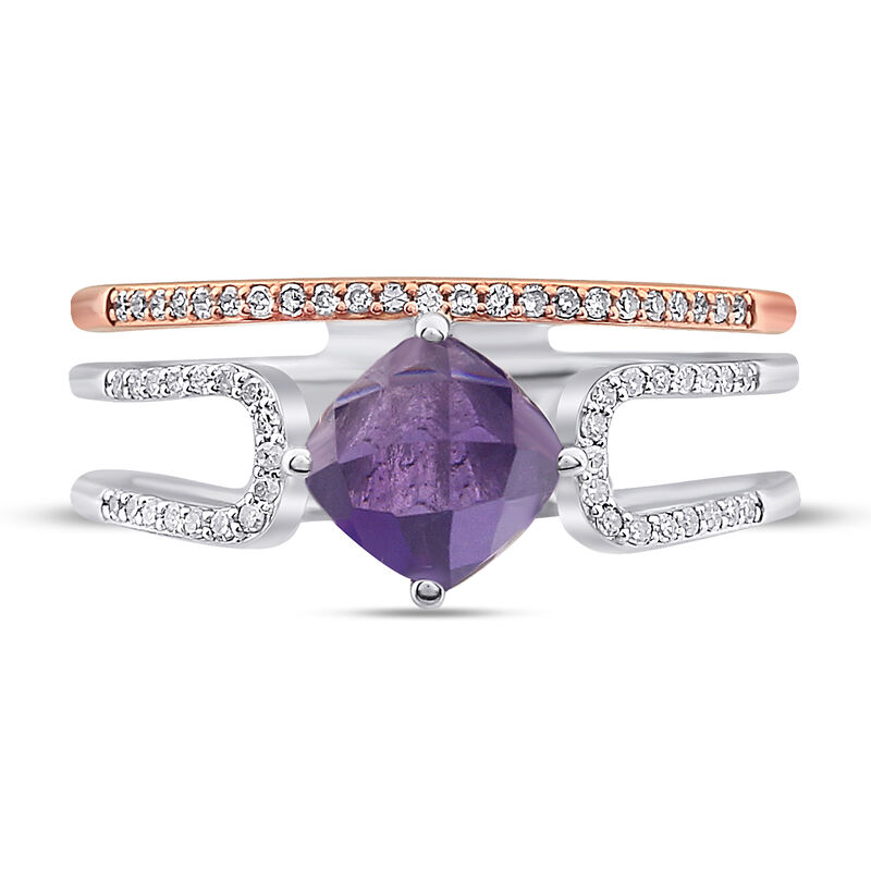Cushion-Cut Amethyst Diamond Double Band in 10k Rose Gold and Sterling Silver image number null