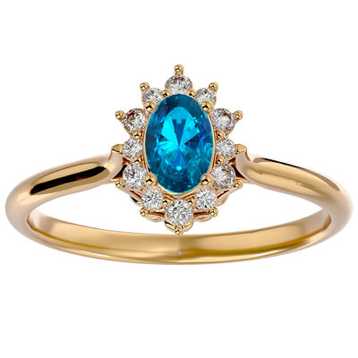 Oval-Cut Blue Topaz & Diamond Halo Ring in 14k Yellow Gold
