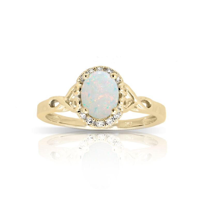 Oval Created Opal & Diamond Halo Twist Ring in 10k Yellow Gold image number null