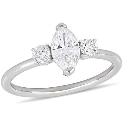 Three-Stone Marquise & Round 1ctw. Diamond Engagement Ring in 14k White Gold