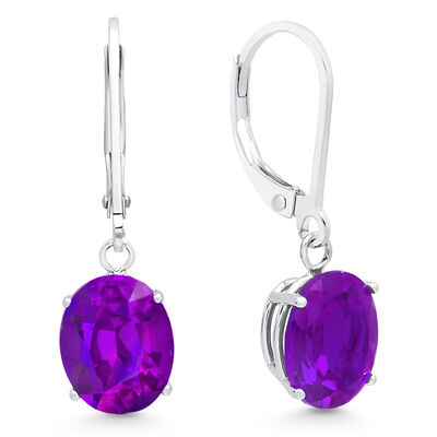Amethyst Oval Dangle Leverback Earrings in 14k White Gold