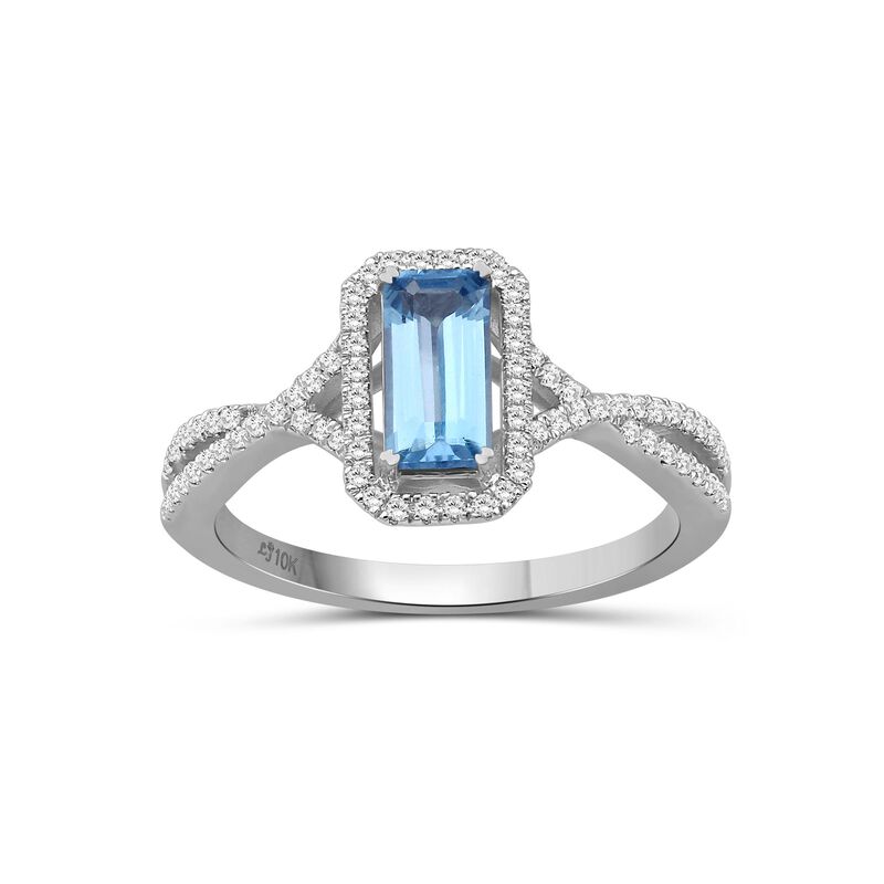 Emerald-Cut Elongated Blue Topaz & Diamond Ring in 10k White Gold image number null