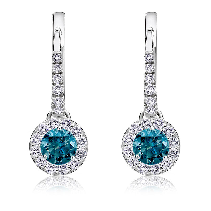 Drop 1/2ct. Blue Diamond Halo Earrings in 14k White Gold image number null