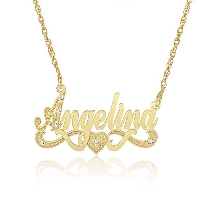 Diamond Accent with Heart Personalized Necklace in 14k Yellow Gold
