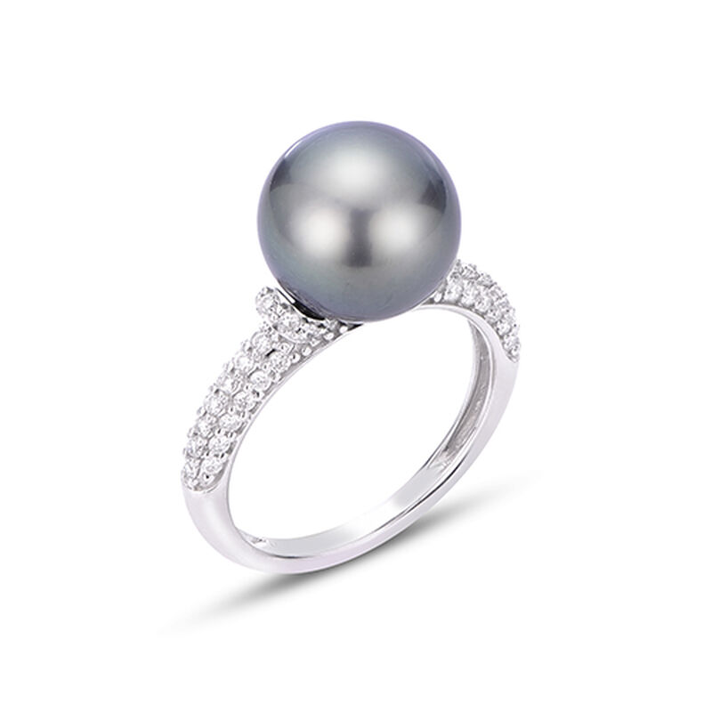 Tahitian Pearl & Diamond Shank Ring in 10k White Gold image number null