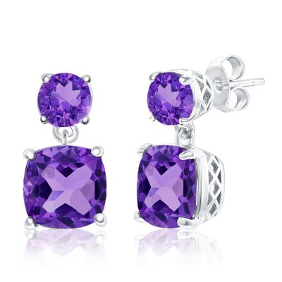 Amethyst Cushion and Round Drop Earrings in Sterling Silver