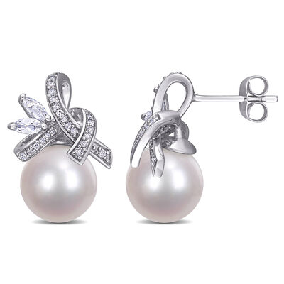 Diamond, White Topaz & Freshwater Pearl  Ribbon Drop Earrings 1/6ctw in 10k White Gold