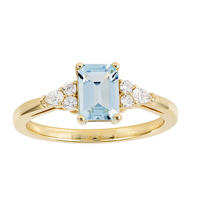 Emerald-Cut Aquamarine & Pear-Shaped Lab Grown Diamond Ring in 10k Yellow Gold