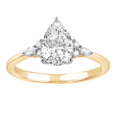 Pear-Shaped Lab Grown 1.11ctw. Diamond Trilogy Engagement Ring in 14k White & Yellow Gold