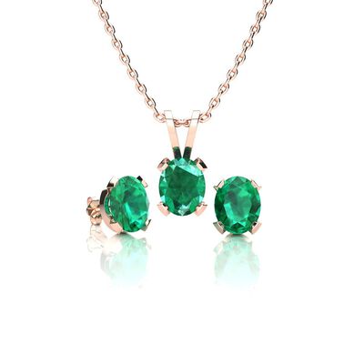 Oval-Cut Emerald Necklace & Earring Jewelry Set in 14k Rose Gold Plated Sterling Silver