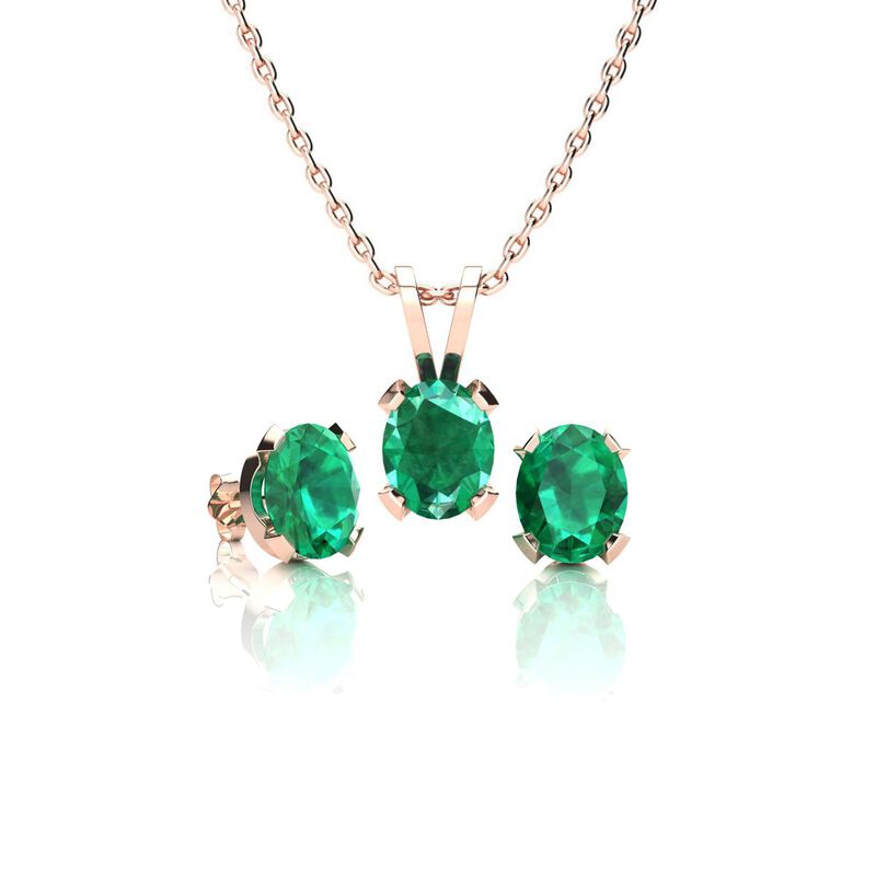 Oval-Cut Emerald Necklace & Earring Jewelry Set in 14k Rose Gold Plated Sterling Silver image number null
