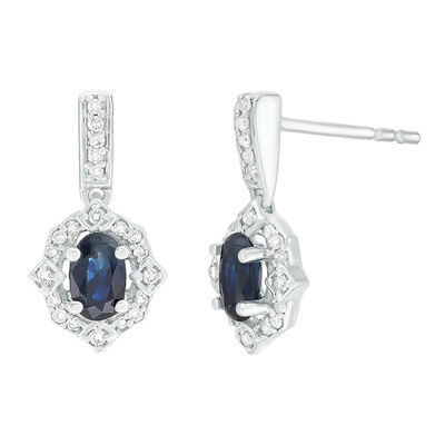Oval Sapphire & Diamond Earrings in 10k White Gold