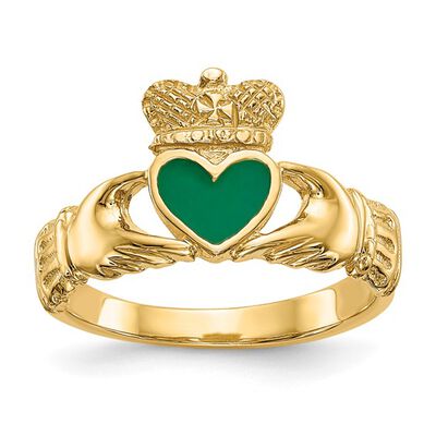 Green Enamel Claddagh Ring in 14k Yellow Gold