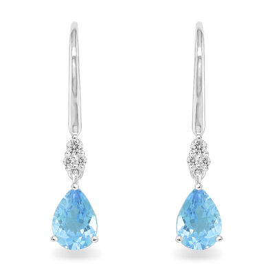 Pear-Shaped Blue Topaz & Diamond Drop Earrings in 10k White Gold
