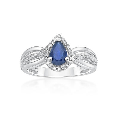 Pear Sapphire & Diamond Ring in 10k White Gold
