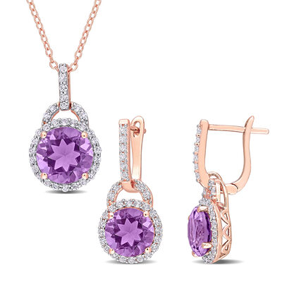 Amethyst & White Topaz Halo Earring & Pendant Set in Rose Gold Plated Sterling Silver