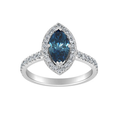 Marquise-Cut Lab Grown 1 3/8ctw. Blue Diamond Halo Engagement Ring in 14k White Gold